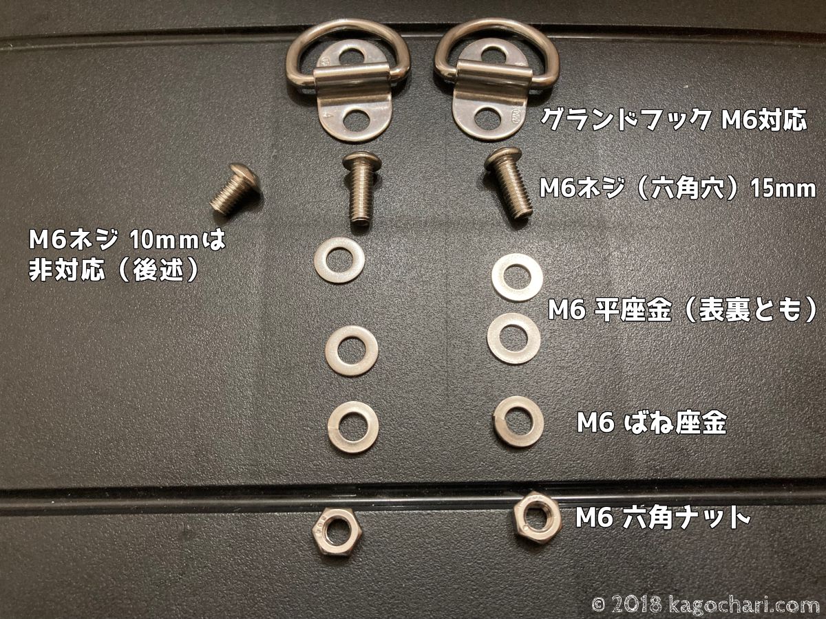 ホムセン箱の上部にグランドフック（M6穴対応）を取り付ける際の材料一覧